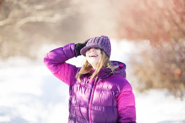 Happy Girl Knitted Hat Pulled His Eyes — Stock Photo, Image