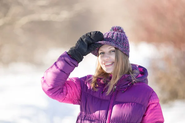 Happy Pretty Girl Knitted Hat Visor — Stock Photo, Image