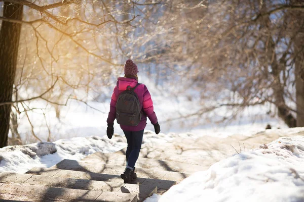 Dziewczyna Idzie Schodach Parku Zimowym — Zdjęcie stockowe