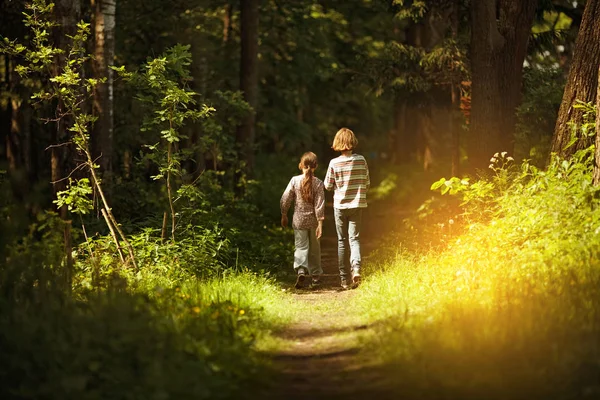 Boy Girl Walking Path Forest — Stock Photo, Image