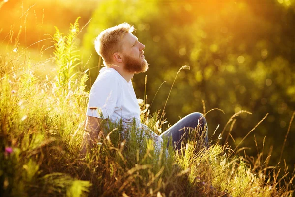Счастливый бородатый мужчина отдыхает среди полевых цветов — стоковое фото