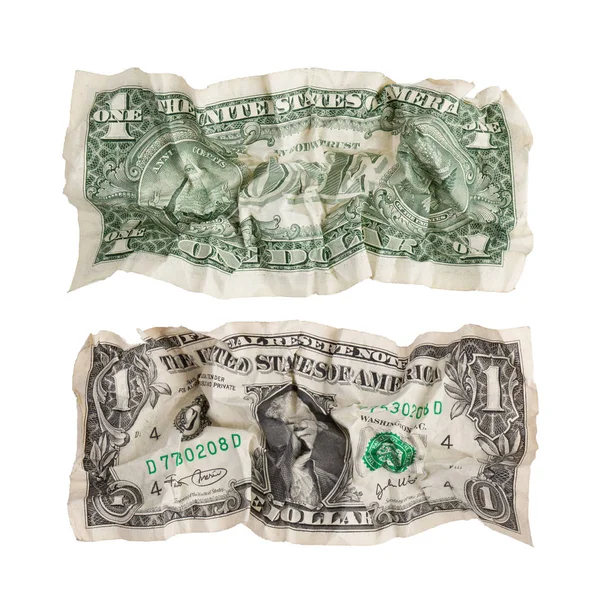 Dois lados de um dólar amassado — Fotografia de Stock