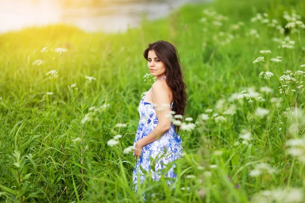 Schönes Mädchen in blauem Kleid inmitten von Wildblumen — Stockfoto