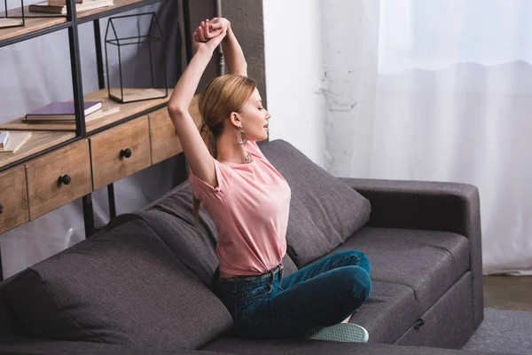 Side View Attractive Young Woman Arms Sitting Sofa Home — Stock Photo, Image