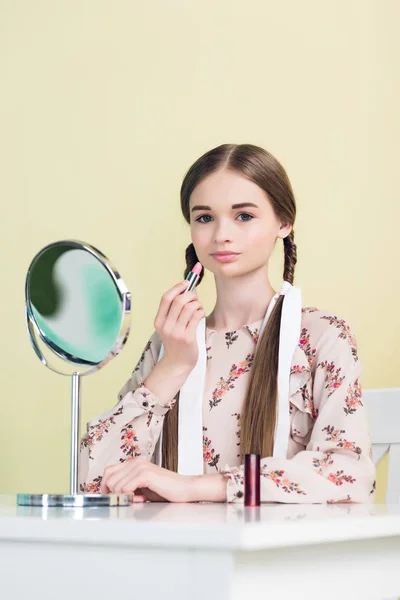 Stylish Youth Girl Applying Lipstick Mirror Isolated Yellow — Stock Photo, Image