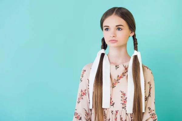 Elegant Youth Girl Braids Trendy Dress Isolated Blue — Free Stock Photo