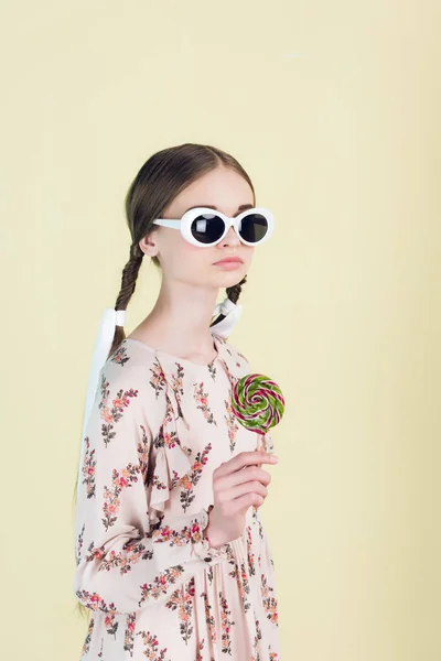 Fashionable Youth Girl Sunglasses Braids Holding Lollipop Isolated Yellow — Stock Photo, Image