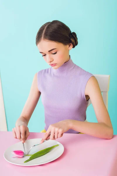 Elegant Teenager Eating Pink Tulip Flower Diet Concept — Stock Photo, Image