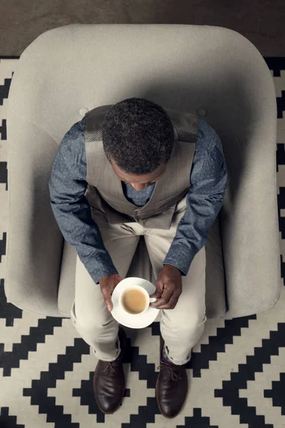 Overhead View Stylish African American Man Sitting Armchair Cup Coffee — Stock Photo, Image