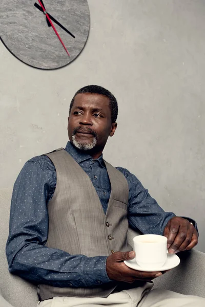 Serious African American Man Waistcoat Sitting Armchair Cup Coffee — Stock Photo, Image