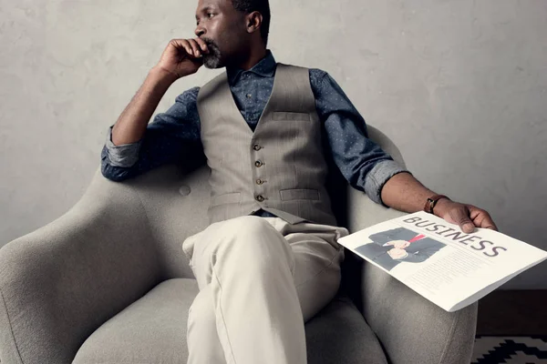 Thoughtful African American Man Sitting Armchair Business Newspaper — Stock Photo, Image