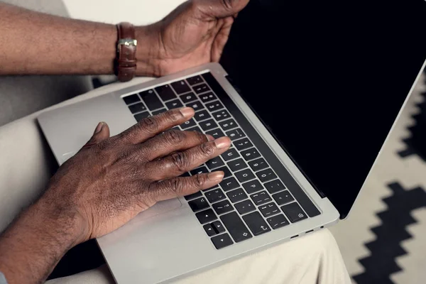 Partial View African American Man Typing Laptop Blank Screen — Stock Photo, Image