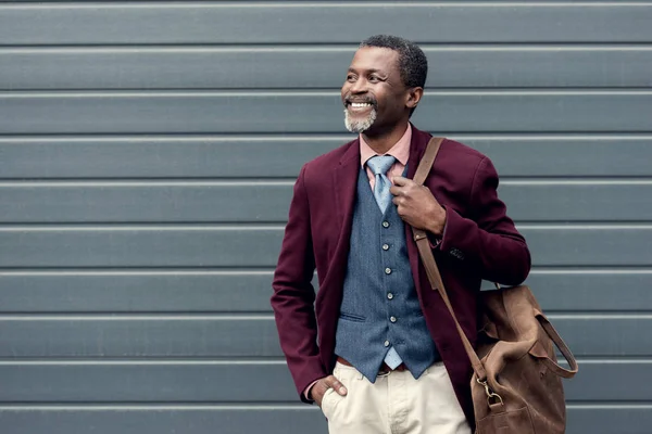 Happy Stylish African American Man Burgundy Jacket Leather Bag — Stock Photo, Image