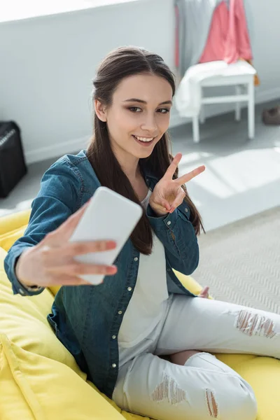 High Angle View Smiling Girl Taking Selfie Smartphone Home — Stock Photo, Image