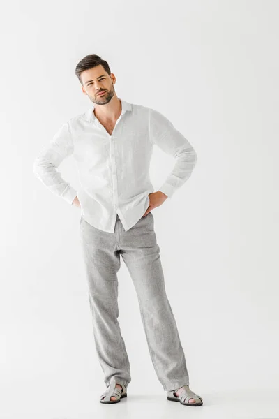 Young Handsome Man Linen Clothes Standing Akimbo Isolated Grey Background — Stock Photo, Image