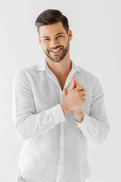 Retrato Hombre Sonriente Camisa Blanca Lino Aislado Sobre Fondo Gris — Foto de Stock
