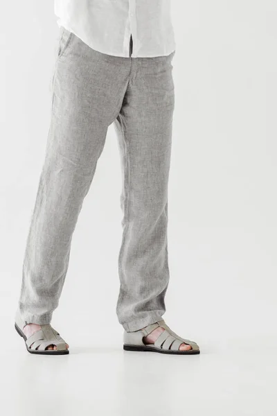 Cropped Image Male Model Linen Trousers Sandals Isolated Grey Background — Stock Photo, Image