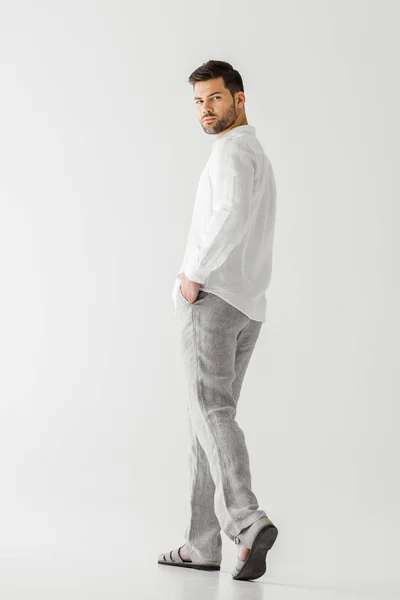 Young Handsome Man Linen Clothes Posing Isolated Grey Background — Stock Photo, Image