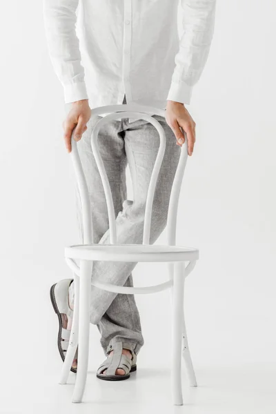 Cropped Image Male Model Linen Clothes Standing Chair Isolated Grey — Free Stock Photo