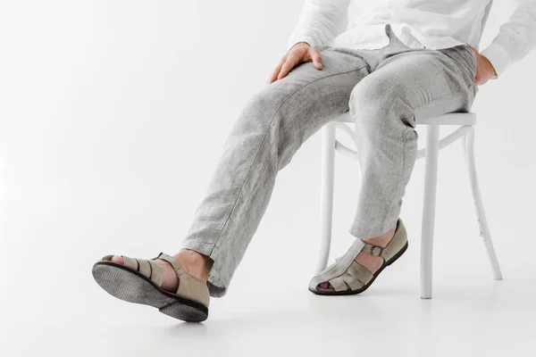 Cropped Image Male Model Linen Clothes Sitting Chair Isolated Grey — Free Stock Photo