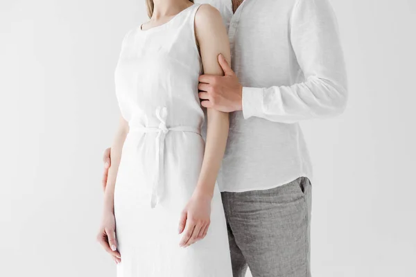 Cropped Image Man Linen Clothes Embracing Girlfriend Isolated Grey Background — Stock Photo, Image