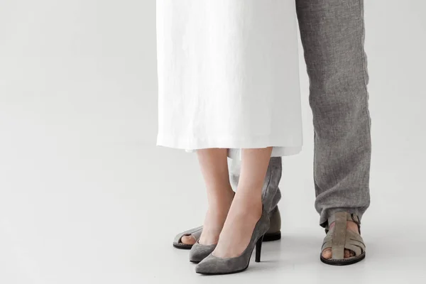 Cropped Image Legs Couple Models Linen Dress Trousers Isolated Grey — Stock Photo, Image