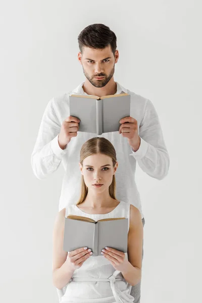 Serious Couple Reading Books Isolated Grey Background — Stock Photo, Image