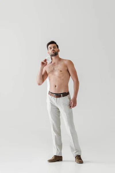 Shirtless Handsome Man Posing Shirt Shoulder Isolated Grey Background — Stock Photo, Image