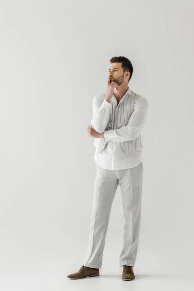 Thoughtful Man Linen Clothes Finger Mouth Isolated Grey Background — Stock Photo, Image