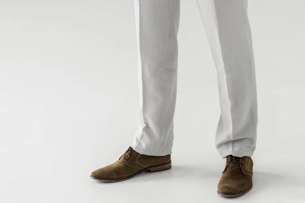 Cropped Image Male Model Linen Trousers Suede Shoes Isolated Grey — Stock Photo, Image