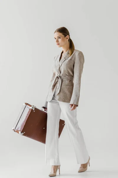 Confident Stylish Female Tourist Linen Jacket Holding Vintage Suitcase Isolated — Stock Photo, Image