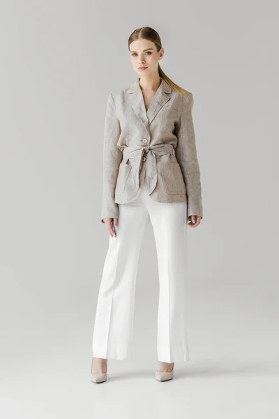 Stylish Young Woman Linen Jacket Posing Isolated Grey Background — Stock Photo, Image