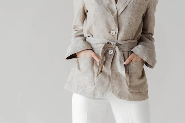 Cropped Shot Woman Vintage Jacket Isolated White — Stock Photo, Image