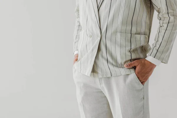 Ritagliato Colpo Uomo Giacca Righe Vintage Pantaloni Isolati Bianco — Foto Stock