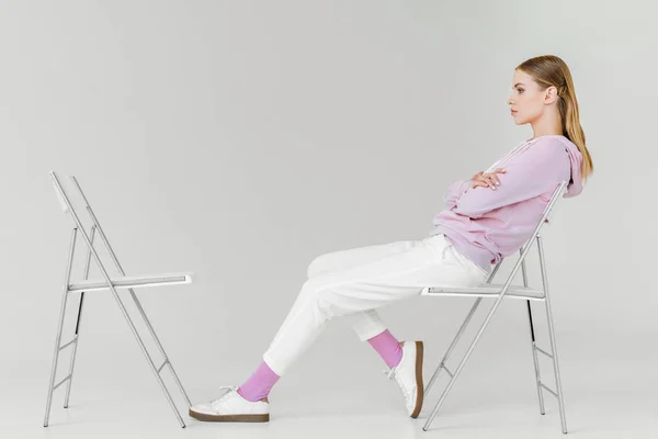 Side View Attractive Young Woman Sitting Chair Front Another Empty — Stock Photo, Image
