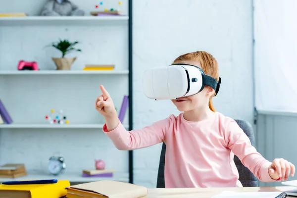 Cute Little Schoolgirl Using Virtual Reality Headset Home — Stock Photo, Image