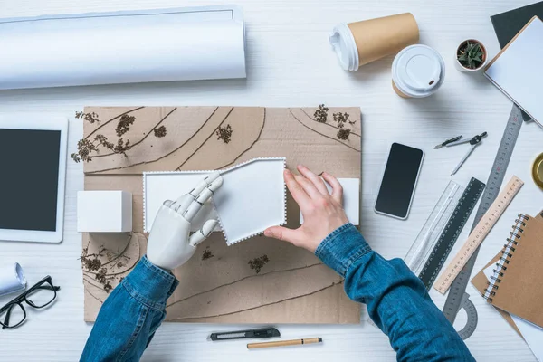 Partial View Male Architect Prosthetic Arm Making Model House Table — Stock Photo, Image