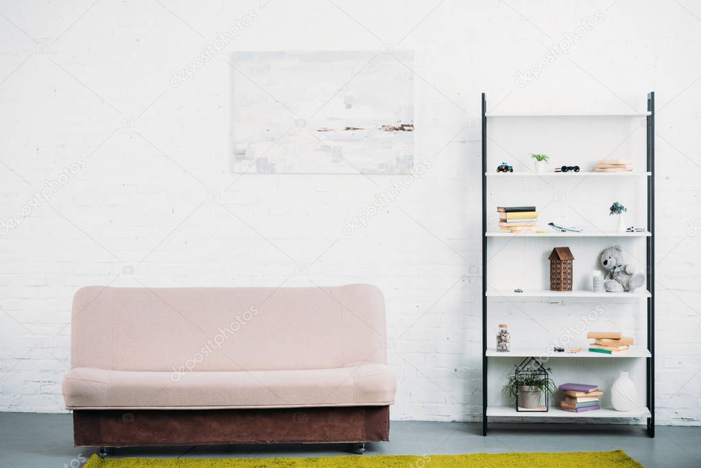 interior of modern light living room with couch and bookshelves