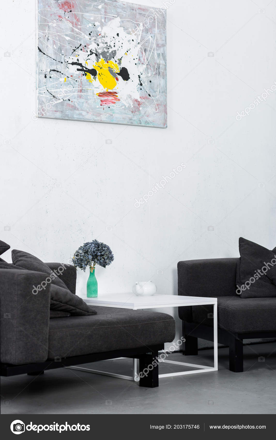 Paint Wall Black Modern Armchairs Living Room Stock Photo