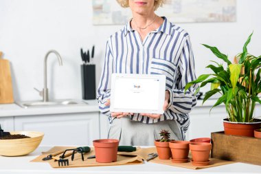 evde bitki yetiştirilmesi sırasında dijital tablet ile yüklenen google sayfa tutan üst düzey kadın kırpılmış atış