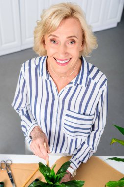 evde houseplants ile çalışırken kameraya gülümseyen mutlu kadın kıdemli yüksek açılı görünüş