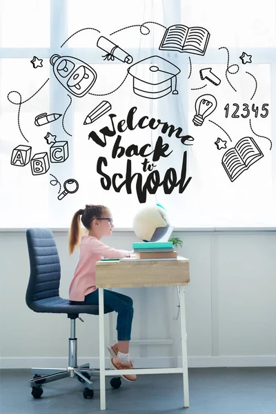 Side View Little Schoolgirl Studying Books Laptop Home Icons Welcome — Stock Photo, Image