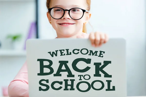Adorable Red Haired Schoolgirl Eyeglasses Using Laptop Welcome Back School — Stock Photo, Image