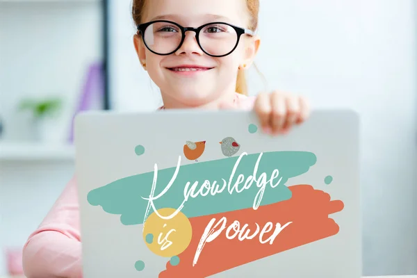 Red Haired Schoolgirl Eyeglasses Using Laptop Knowledge Power Lettering — Stock Photo, Image