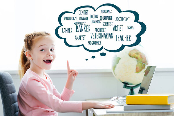 cheerful redhead child studying with books and laptop and pointing up on words of different professions in speech bubble 