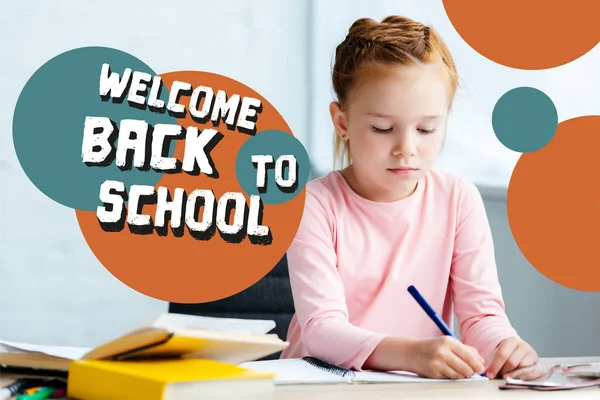 Adorable Red Haired Schoolgirl Sitting Desk Studying Home Welcome Back — Stock Photo, Image