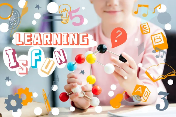 Cropped Shot Smiling Schoolchild Holding Molecular Model Icons Lettering Learning — Stock Photo, Image