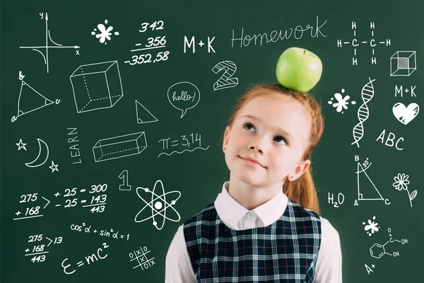 Pensive Little Red Haired Schoolgirl Apple Head Standing Chalkboard School — Stock Photo, Image
