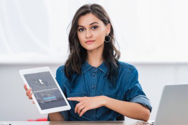 tumblr Web sitesi ile dijital tablet ekranında işaret çekici genç kadın 