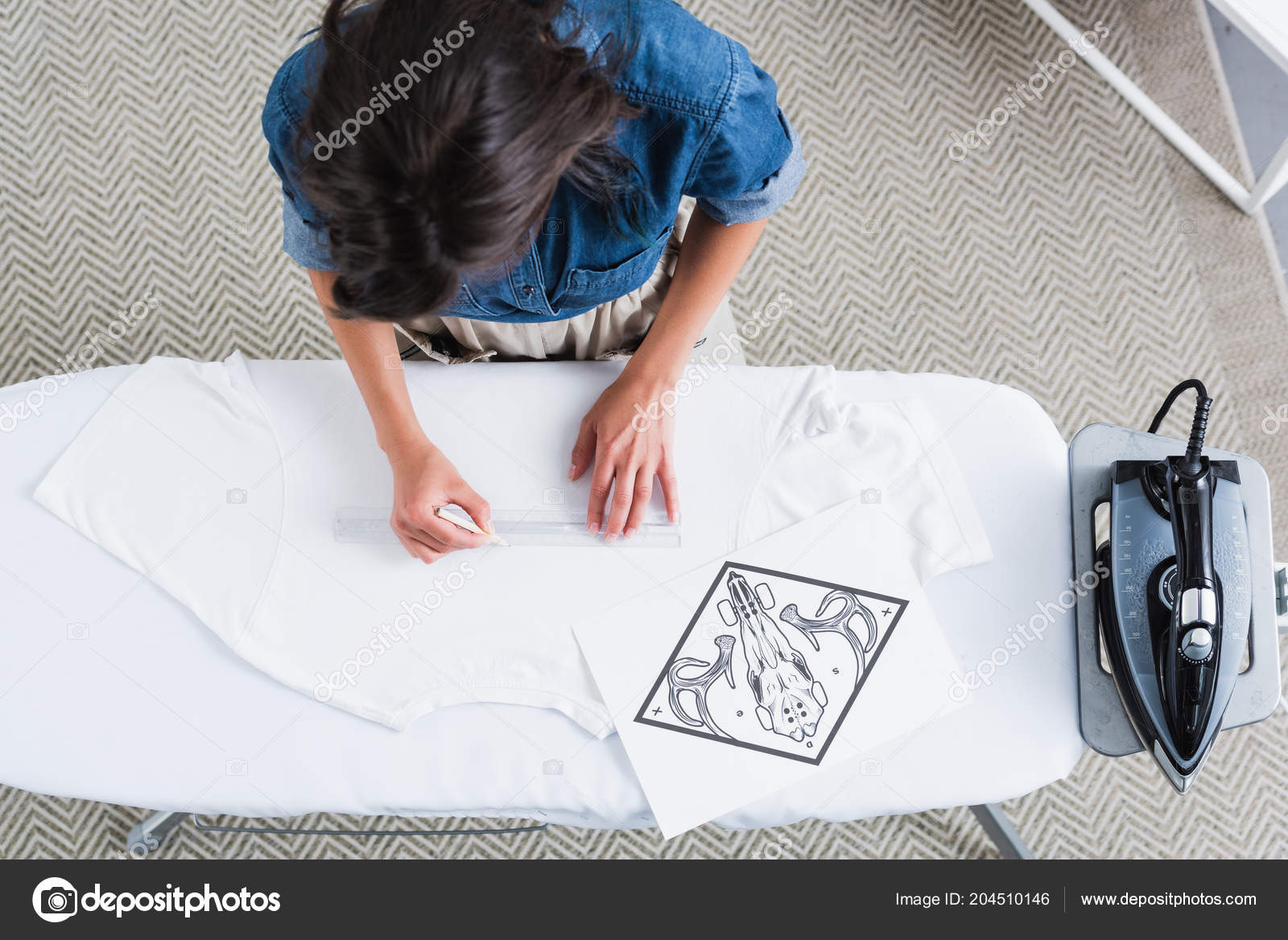Overhead View Female Fashion Designer Measuring Space Print Empty White